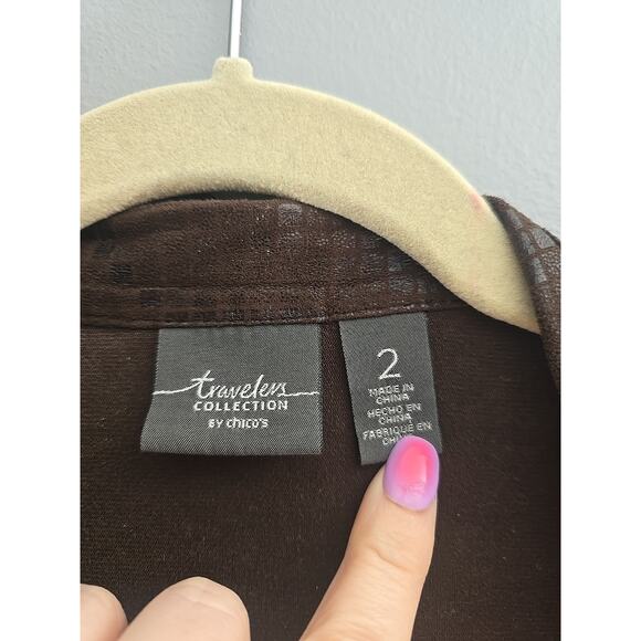 Chico's Travelers Brown Geometric Open Front Long Sleeve Jacket Womans Size LG - Picture 4 of 5